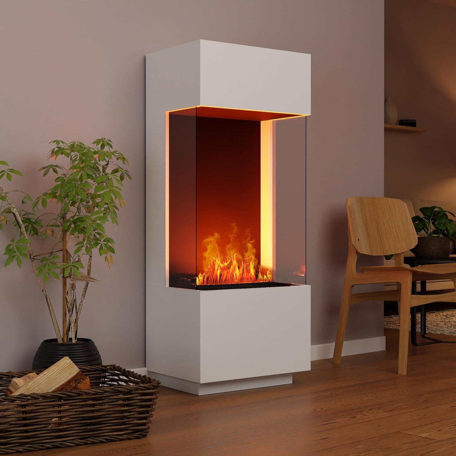 GLOW FIRE Wasserdampf Kamin OGF 1 (Standkamin) - Elektrokamin mit realistischen LED 3D-Flammen, Knistereffekt & Fernbedienung, 55x136x40 cm - Opti-Myst 400 Elektro Kamin, Weiß