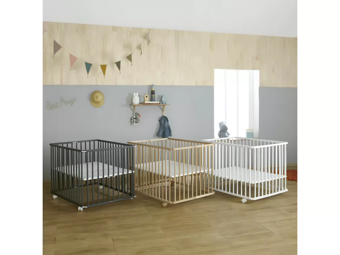Parc bébé 75x100 cm bois massif gris HELIO