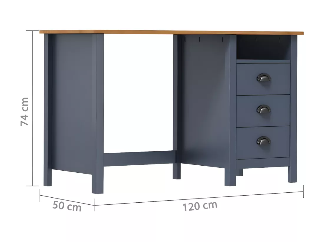 Bureau Hill avec 3 tiroirs Gris 120x50x74 cm Pin solide