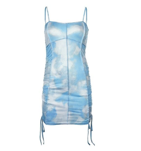 Genrovia - Spaghettibandjes Tie-Dye Print Geplooide Mini Bodycon Jurk