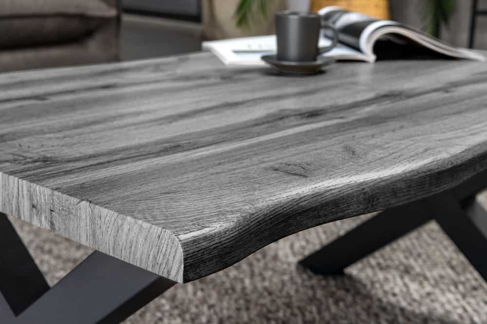 Industrial Couchtisch WILD 90cm grau Wildeichen-Design schwarz Metall Baumkante