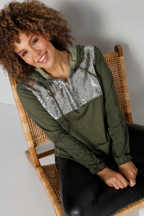 Longshirt, Pailletten, Kapuze mit Zipper, Langarm