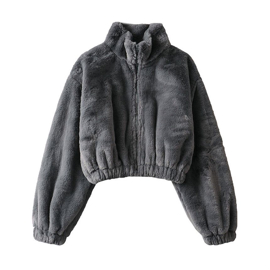 Sundine - Effen, pluizig cropped jack met opstaande kraag en rits
