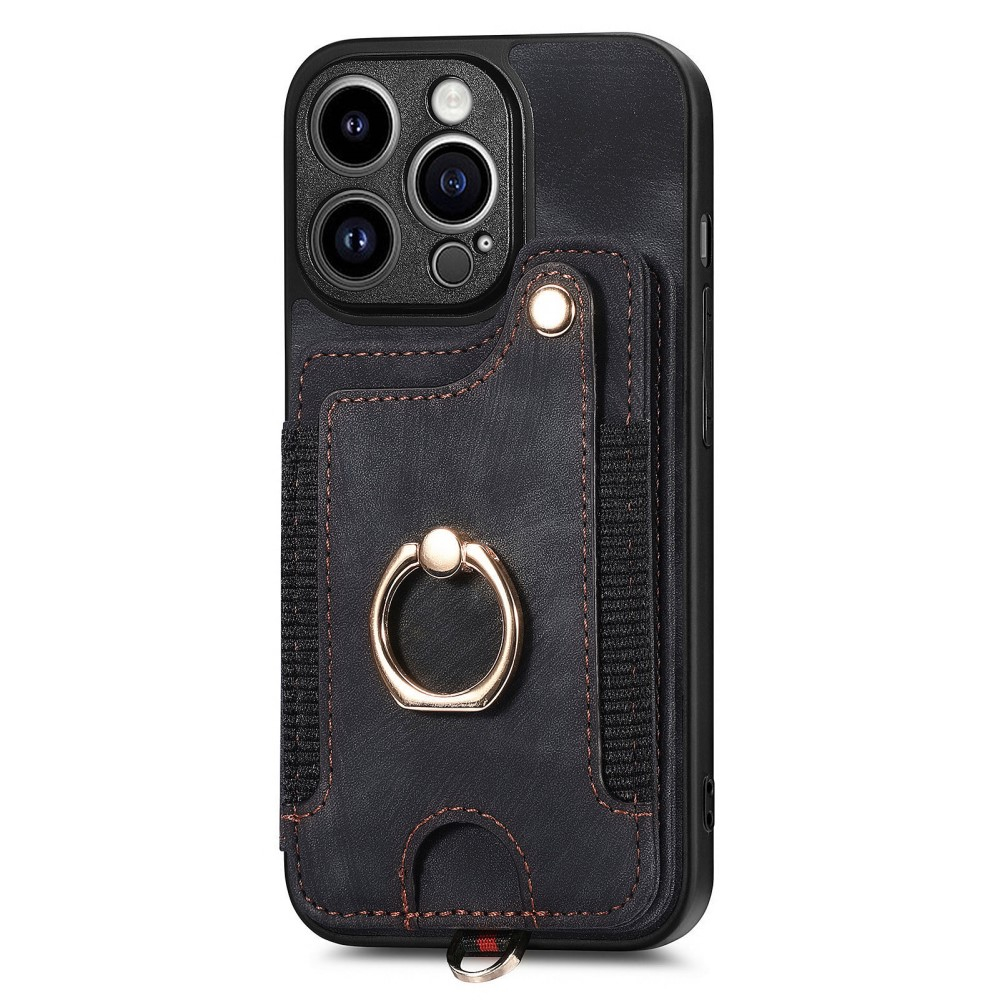 iPhone 14 Pro Necklace Leder Hülle mit Kartenfächer   Finger Griff Halterung   Handykette (RFID Schutz) - Schwarz