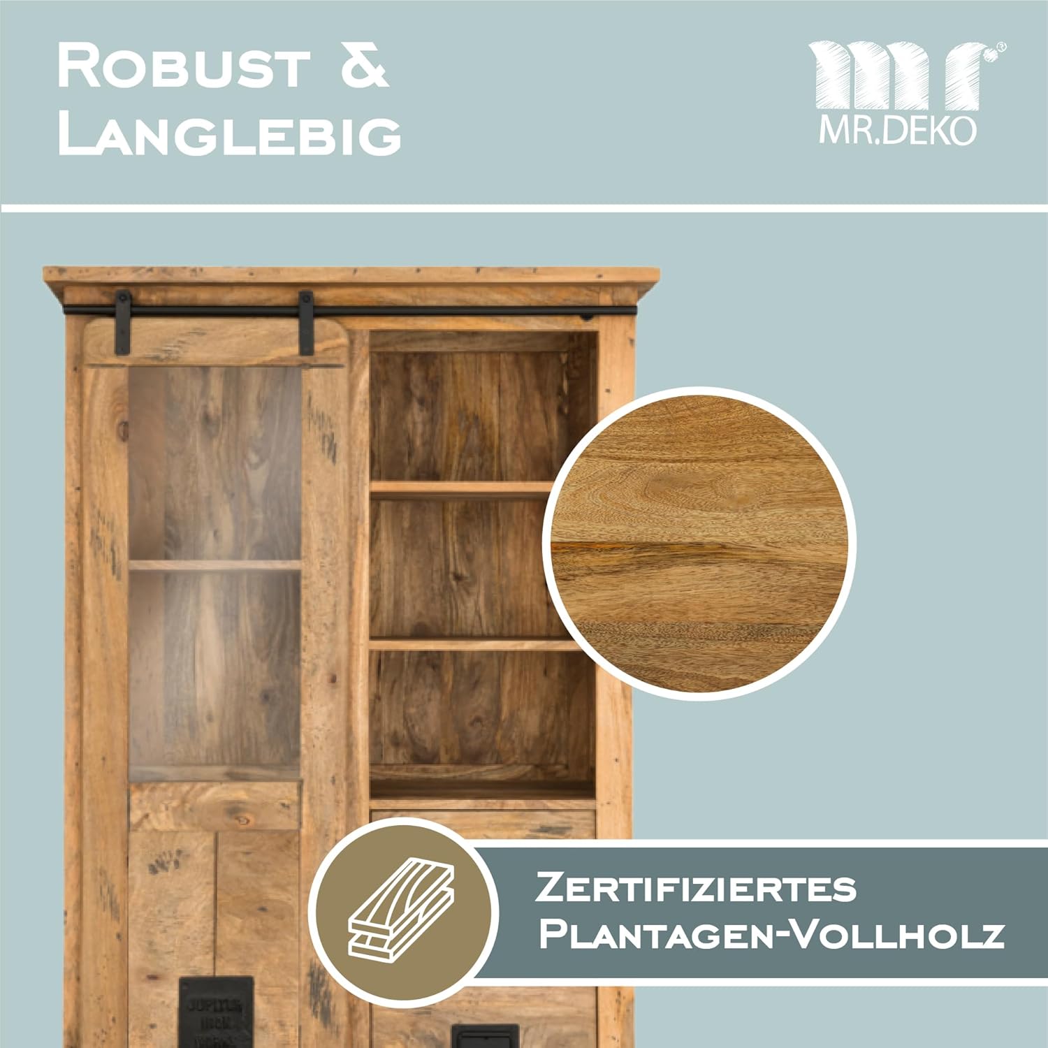 Vitrine Florenz Mango Holz | Vitrinenschrank mit Glas & Schiebetür | Bücherregal im Retro Stil | Schubladenschrank für Wohnzimmer Esszimmer Flur | Massives Sideboard Highboard 100x45x175cm