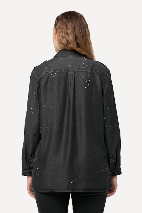 Jeansbluse, Acid Wash, Hemdkragen, Langarm