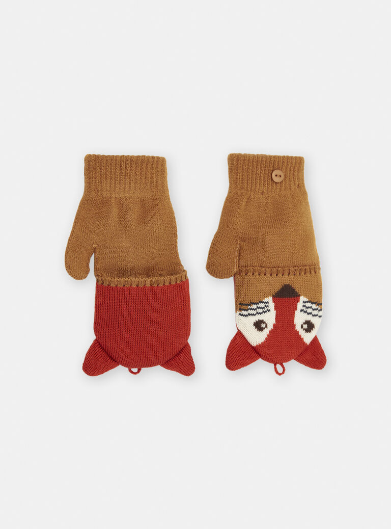 Mitaines-moufles canelle et rouge à animation renard