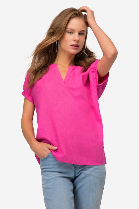 Leinenmix-Bluse, Tunika-Ausschnitt, elastischer Halbarm-Abschluss