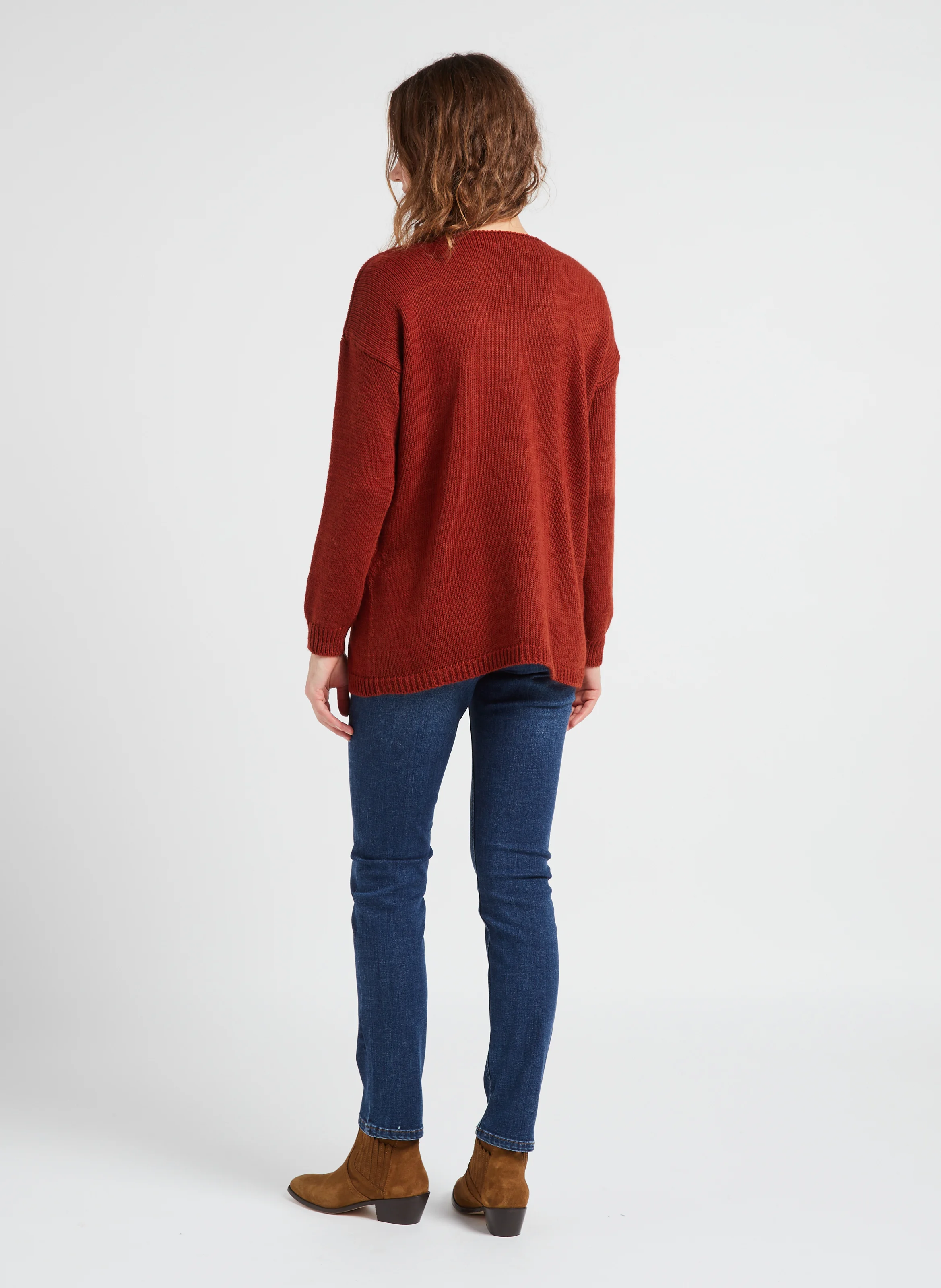 Pull col V en maille mélangée| Orange