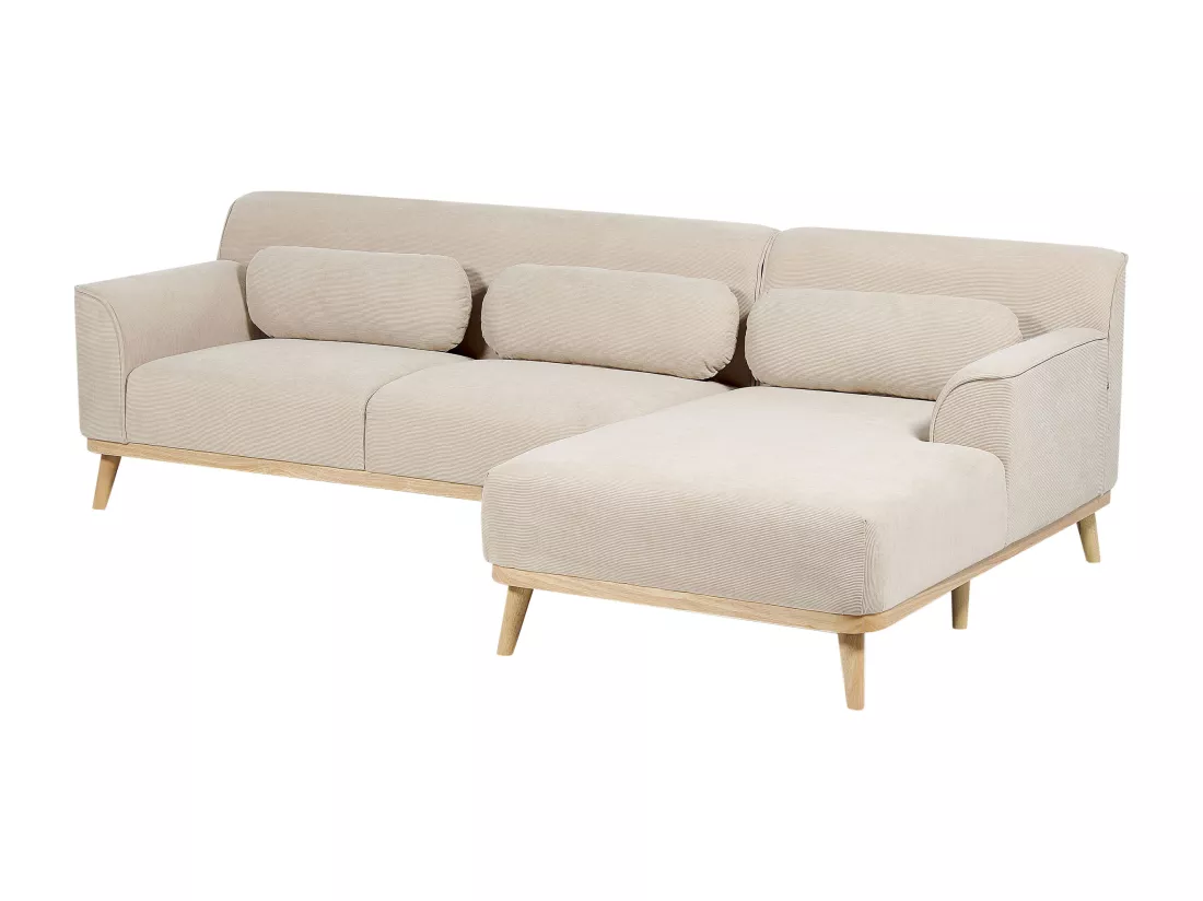 Canapé d'Angle Côté droite en Velours Côtelé Beige Bois d'Hévéa et d'Eucalyptus 3 Places Simos