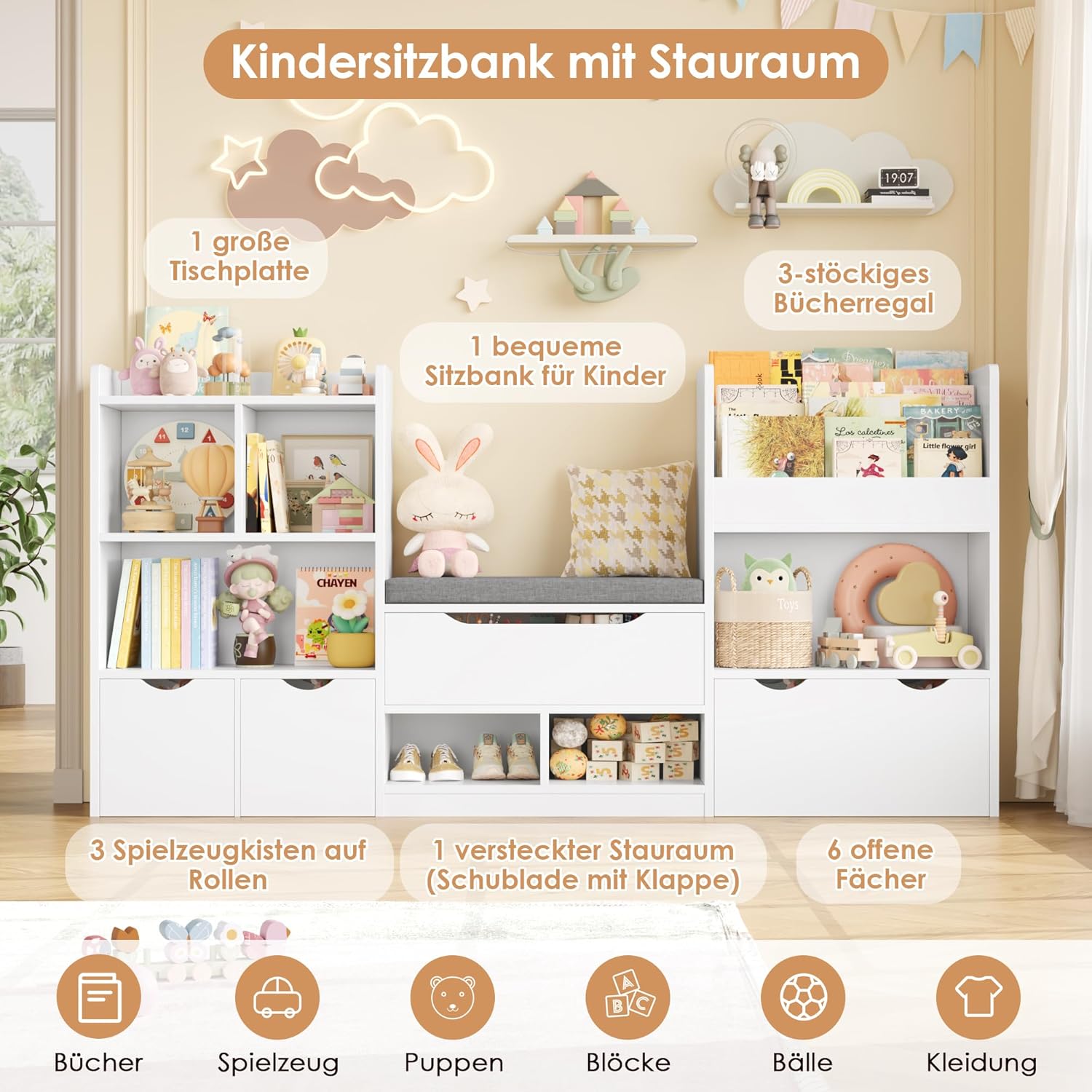 FOREHILL 183cm Breit Kinderregal mit Sitzbank, Kinderzimmer Möbel mit 3 Aufbewahrungsboxen für Spielzeug Bücherregal für Kinder mit 3 Ebenen, Regal für Kinderzimmer Leseecke 183,5x94,5x29,8 cm Weiß