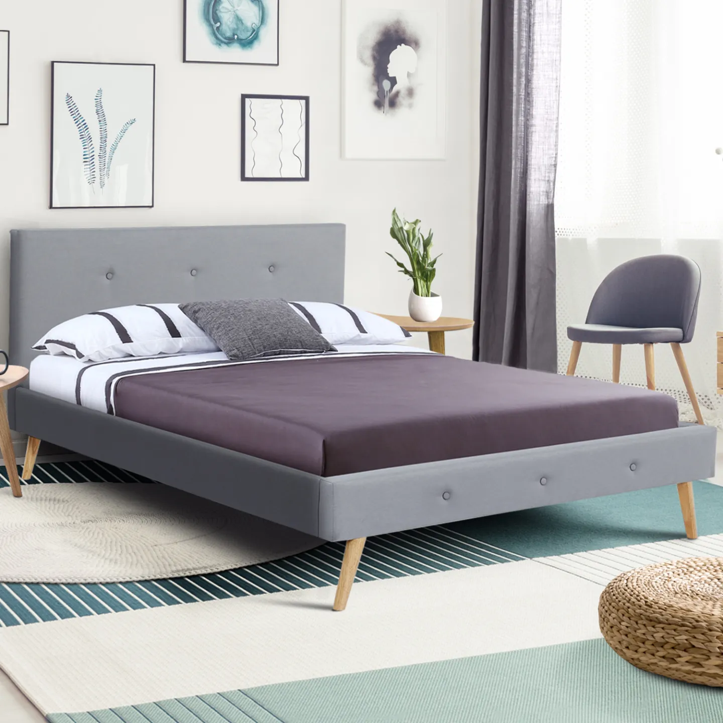 Lit double scandinave OSLO avec tête de lit et sommier 140 x 190 cm tissu gris clair