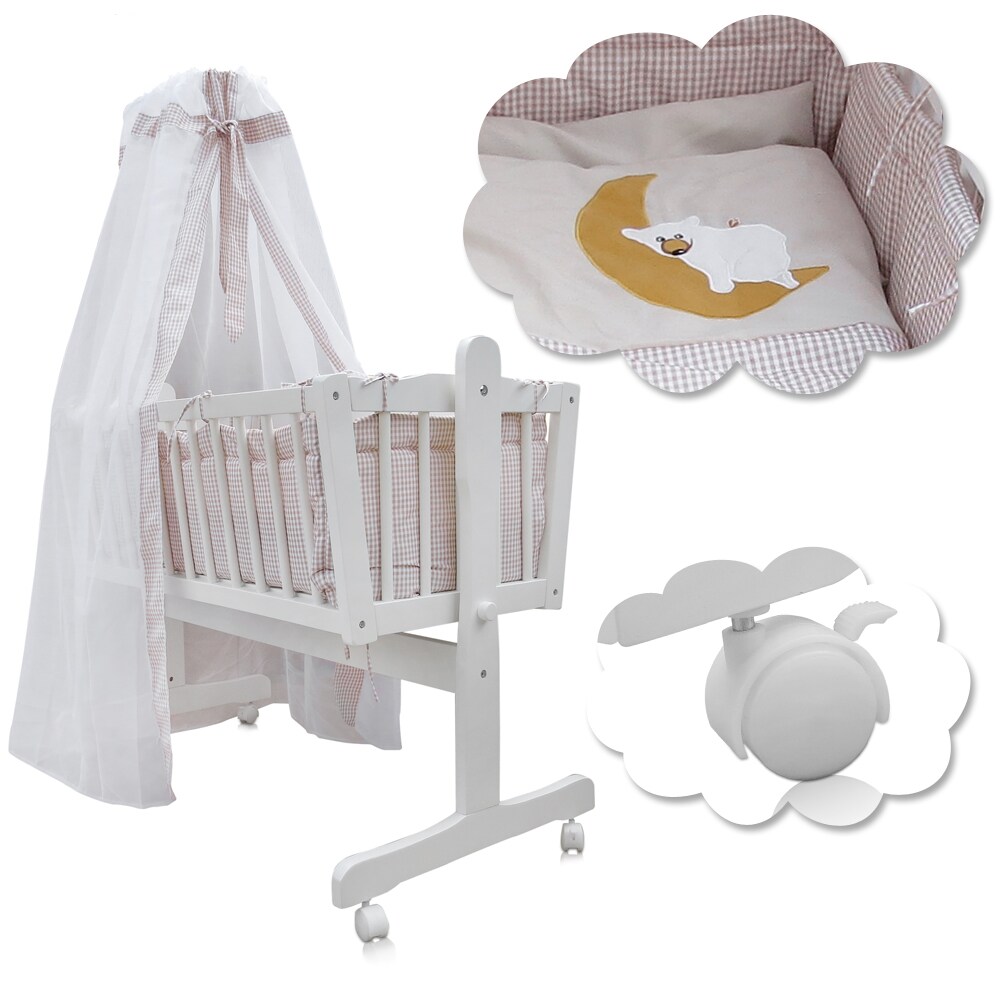 Baby Wiege Kinder Bett Stubenwagen Beistellbett + 9 tlg. Zubehör Weiß / Beige