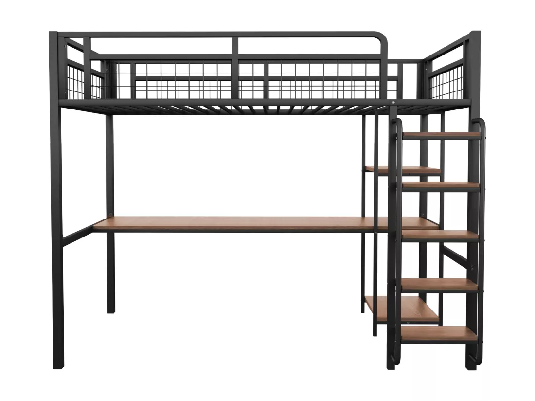 Lit mezzanine en métal 90x200 cm - avec bureau et échelle de sécurité - Noir