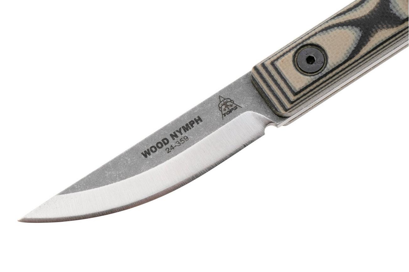 TOPS Knives Wood Nymph WDNP-01 Stonewashed 1095, Black Tan Micarta, vaststaand mes, Bushcraft Kelso design