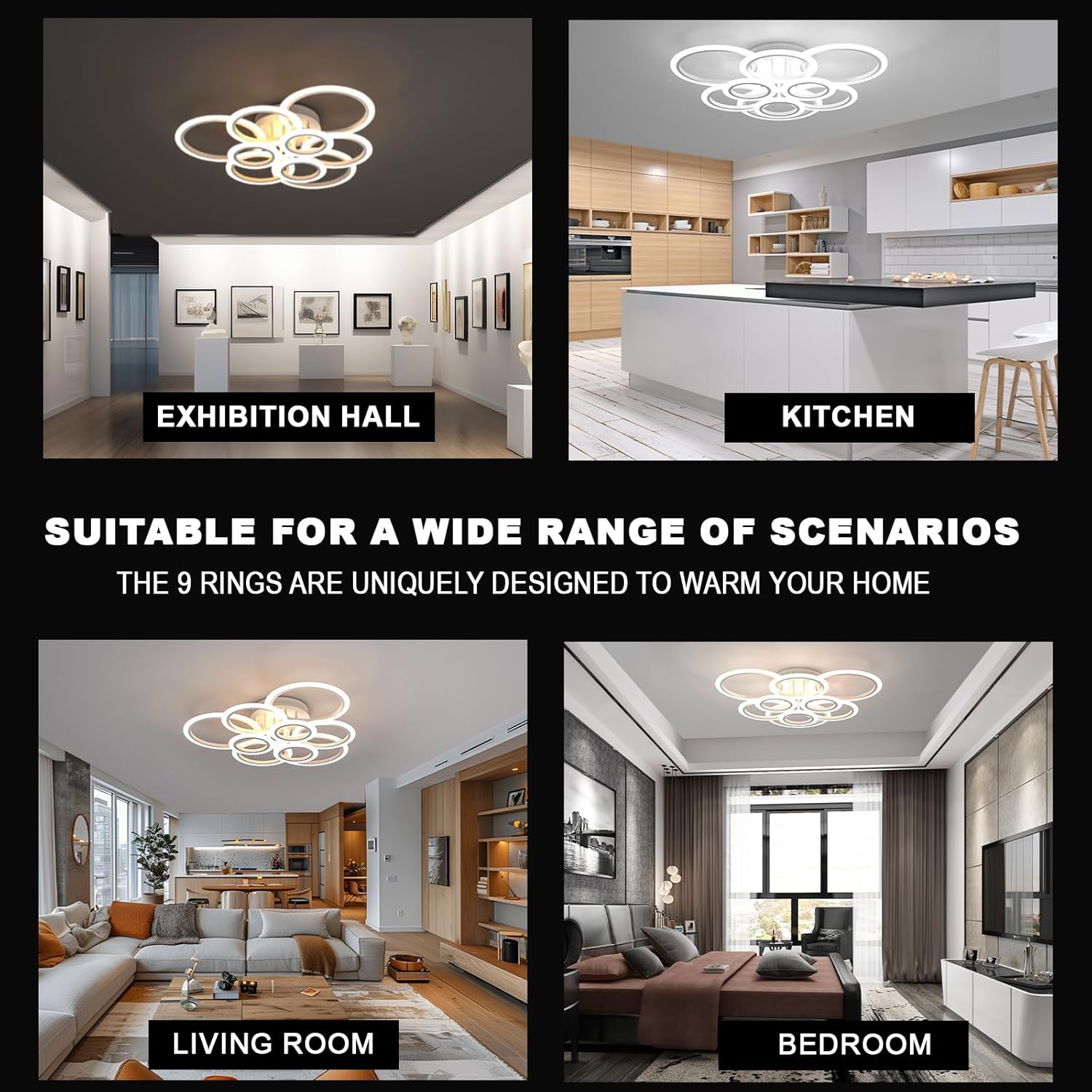 RUYI Modern Deckenleuchte Wohnzimmer mit Fernbedienung 9-Ring, Wohnzimmerlampe Decke 120W 10800LM, Wohnzimmerlampe LED für Wohnzimmer, Schlafzimmer, Küche, Flur, Balkon, Esszimmer, Weiß, 2800-7000K