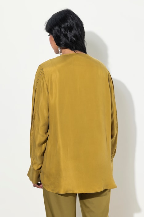 Cuprobluse, Perlen, V-Ausschnitt, Langarm