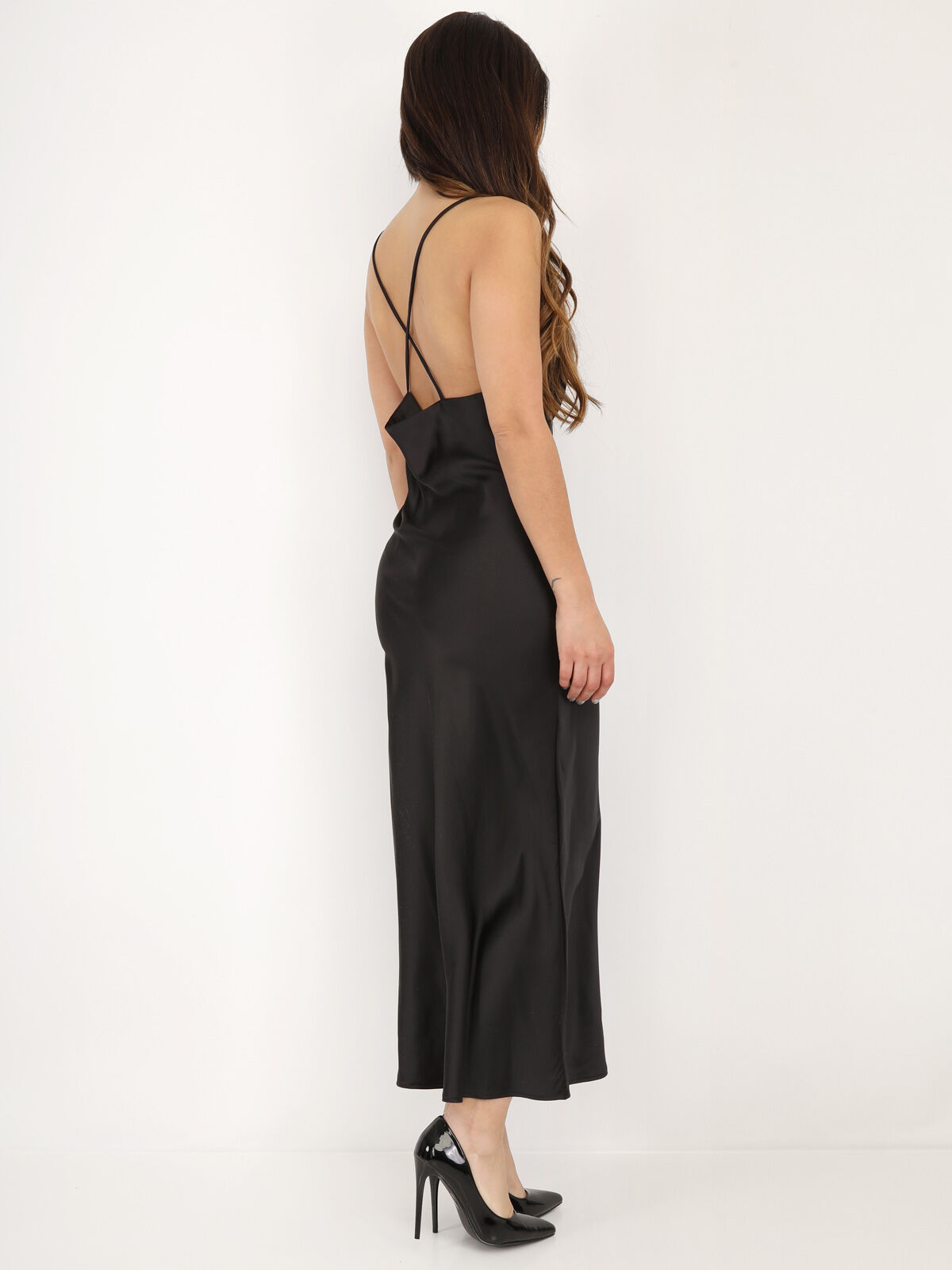 Robe satinée style corset froncé- Noir