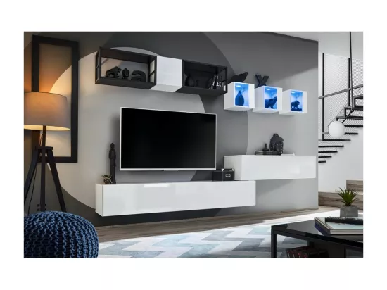 Vitrine carrée suspendue – Blanc – Collection SWITCH – Porte vitrée et LED inclus – Design moderne
