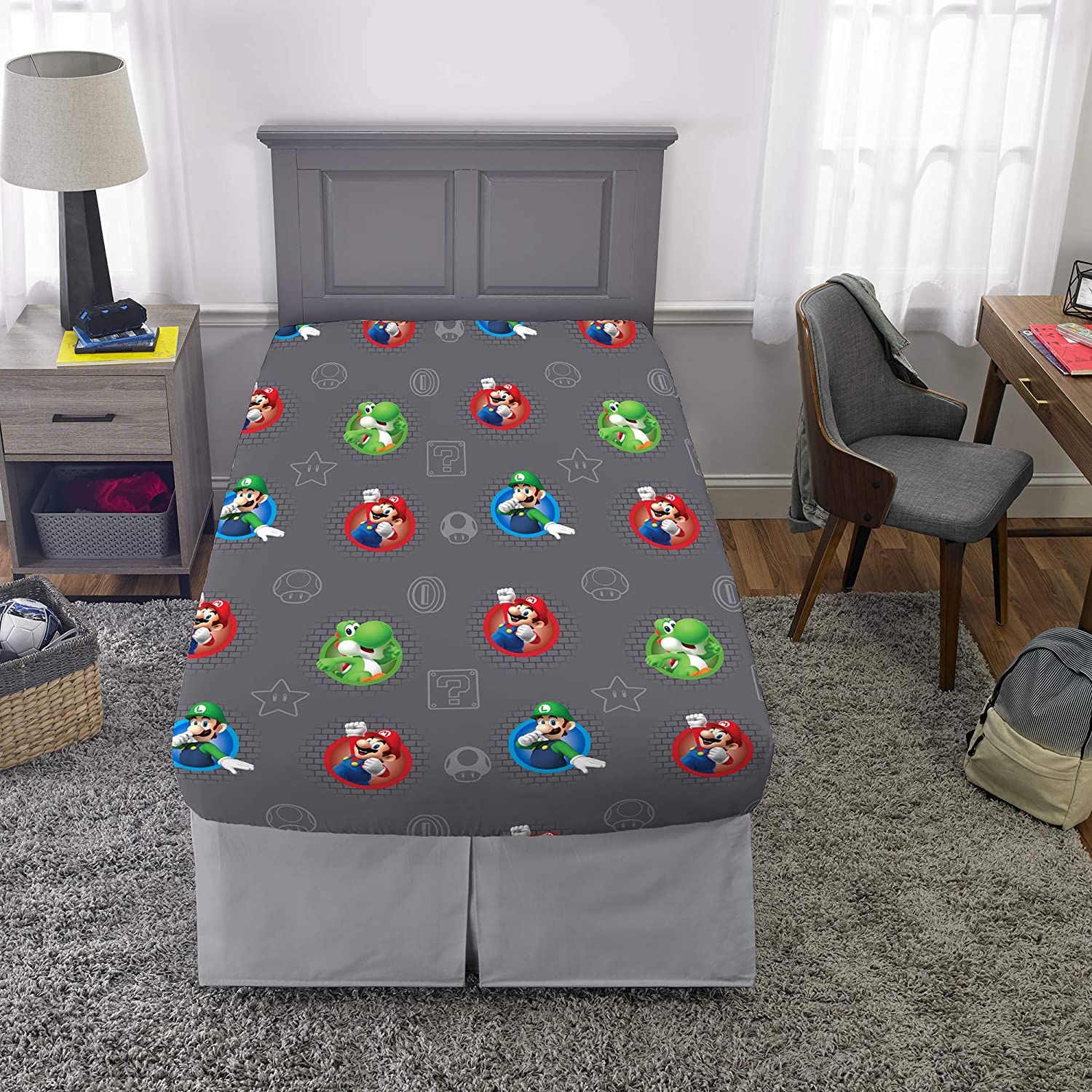 Twin Super Mario 3-Piece Bed Sheet Set.1 Flat Sheet 1 Fitted Sheet 1 Pillow Cases