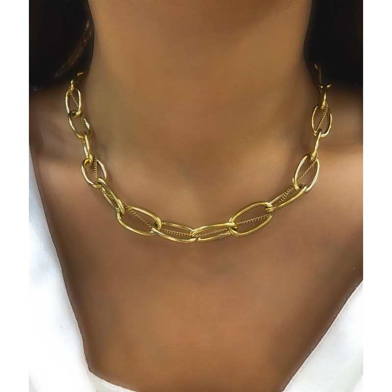 Collier en acier doré double chaîne en maille de différentes tailles, chaînette réglable, avec pierre Crystal Swarovski