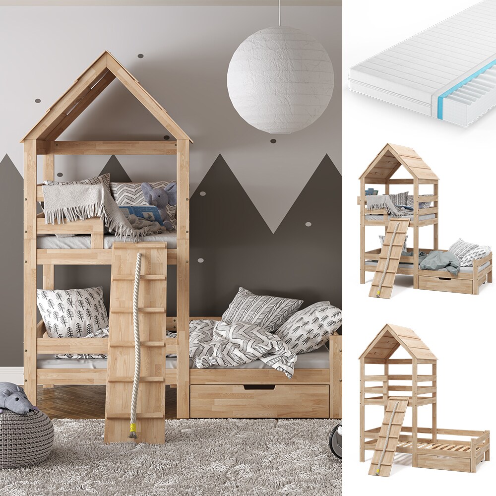VitaliSpa Spielturmbett Kinderbett Spielbett Teddy Natur modern 208x235 cm Massivholz Kinderzimmer Lattenrost Bett Schublade Matratze Abenteuerbett Kletterbett