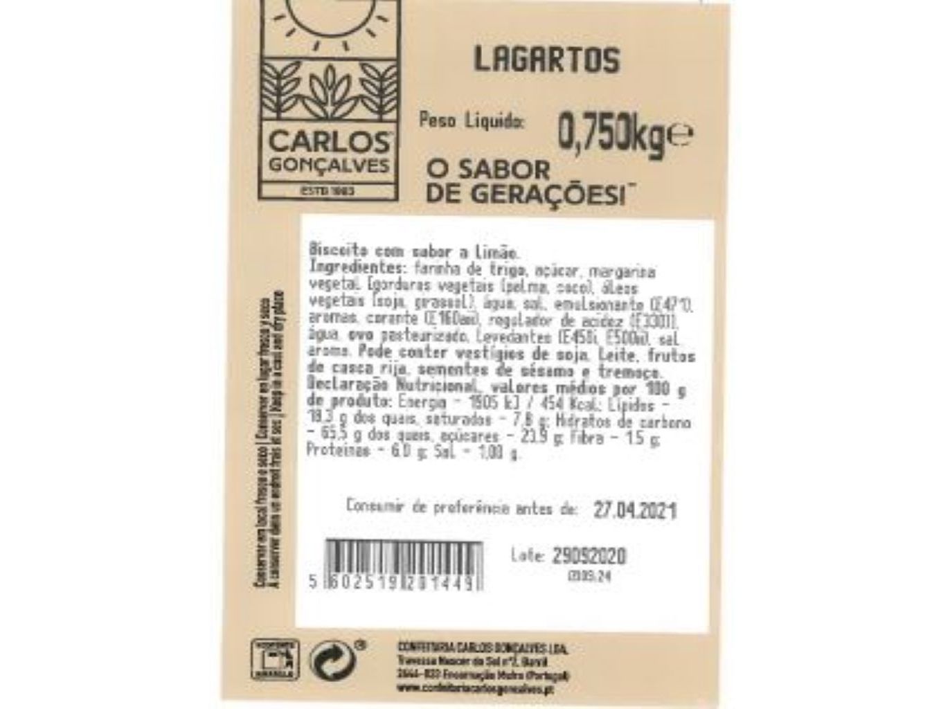 LAGARTOS CONFEITARIA CARLOS GONÇALVES COM SABOR A LIMÃO 750G