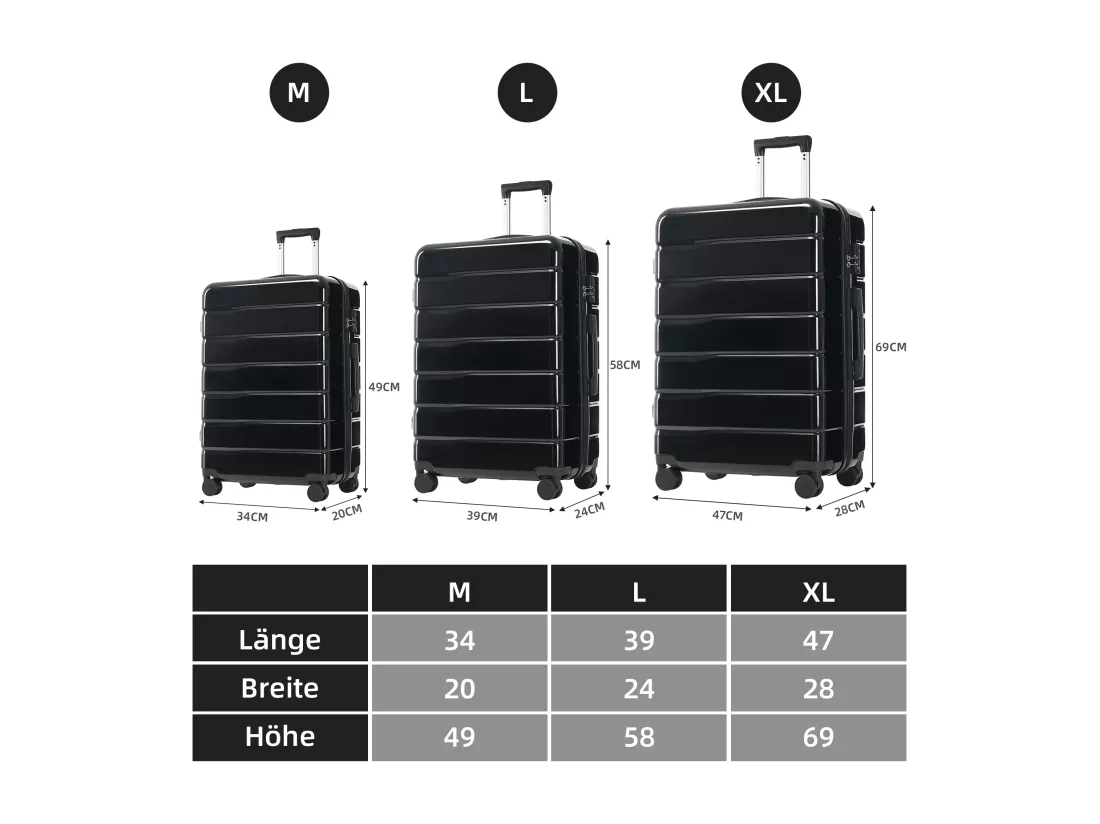 Bagage à main de 3 pièces20&24&28 pouces - en matériau ABS+PC - doubles roues pivotantes à 360° et Serrure TSA - noir
