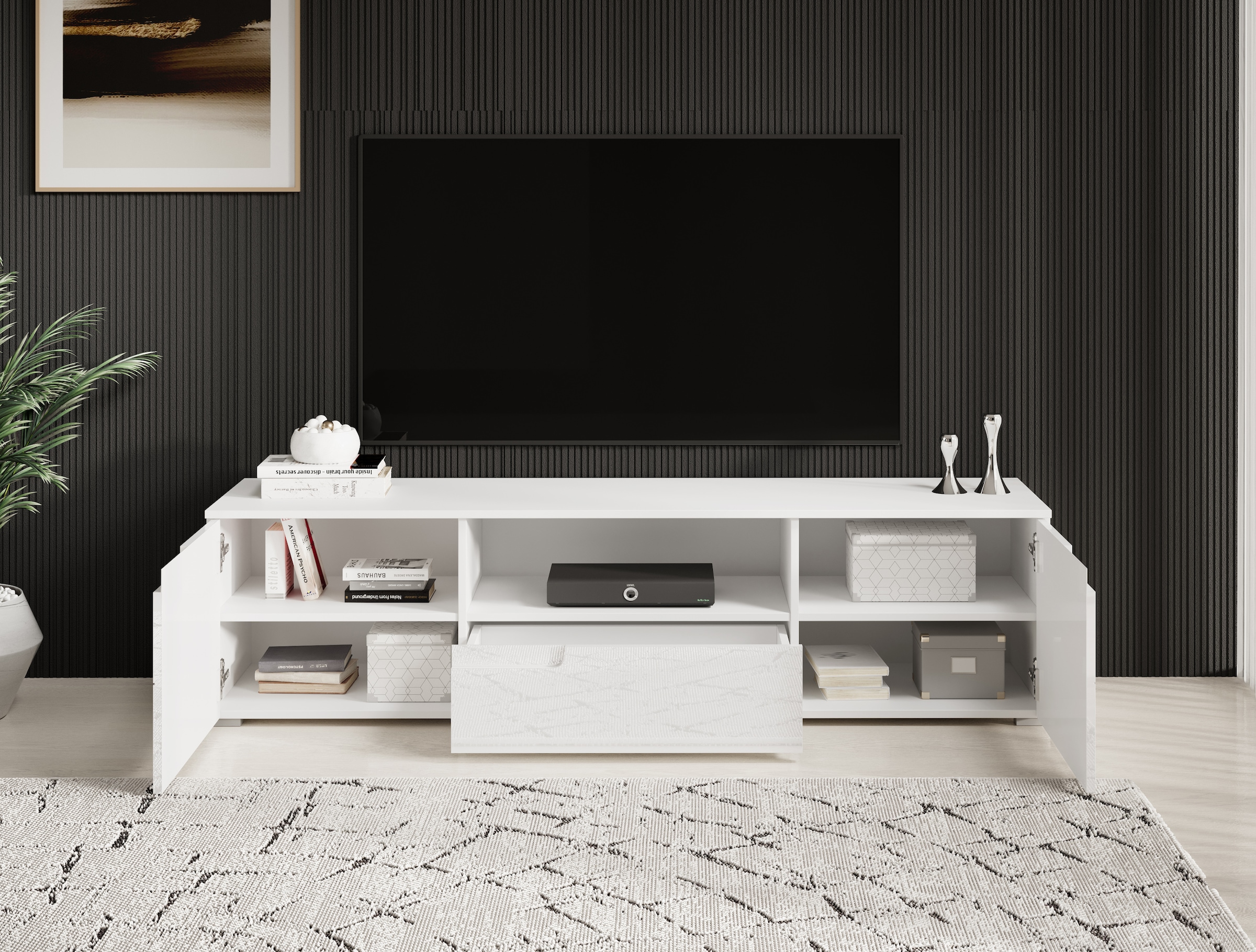 HBZ Lowboard »Spice weiss Hochglanz, TV Schrank bis 65 Zoll, BxHxT 165x42x40 cm« 1 Stk. tlg. Mit 2 Türen, 1 Schubkasten, 1 Kabeldurchführung, 1 offenes Fach