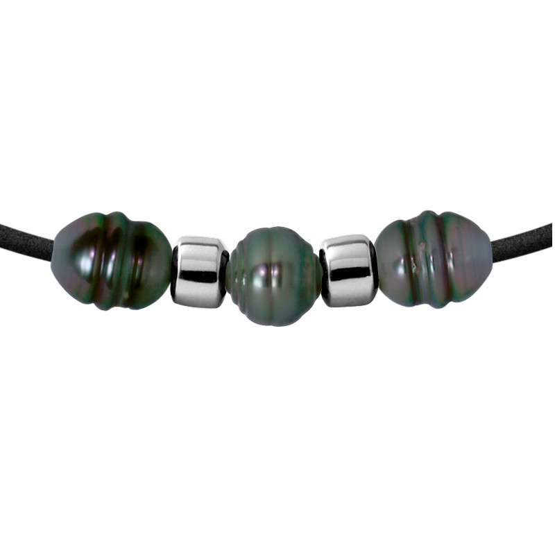 Collier Néoprène 3 Perles de Tahiti et Argent Massif 925