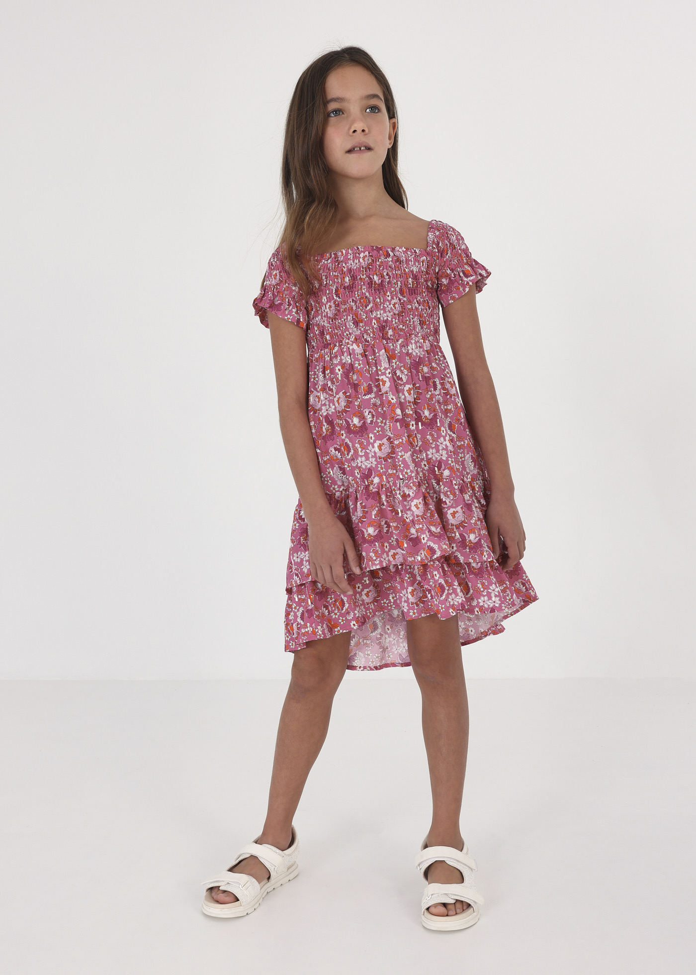 Vestido de viscose com detalhes franzidos para meninas