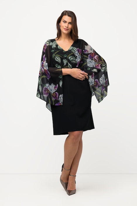 Kleid, Blüten, Chiffonärmel, V-Ausschnitt, Langarm