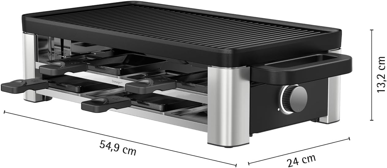 WMF Lono Selection Raclette Grill 8 Personen – Hochwertiger Cromargan Edelstahl, 1500W Leistung, keramikbeschichtete Grillplatte, 8 Pfännchen und Spatel, Temperaturregelung und Ablage