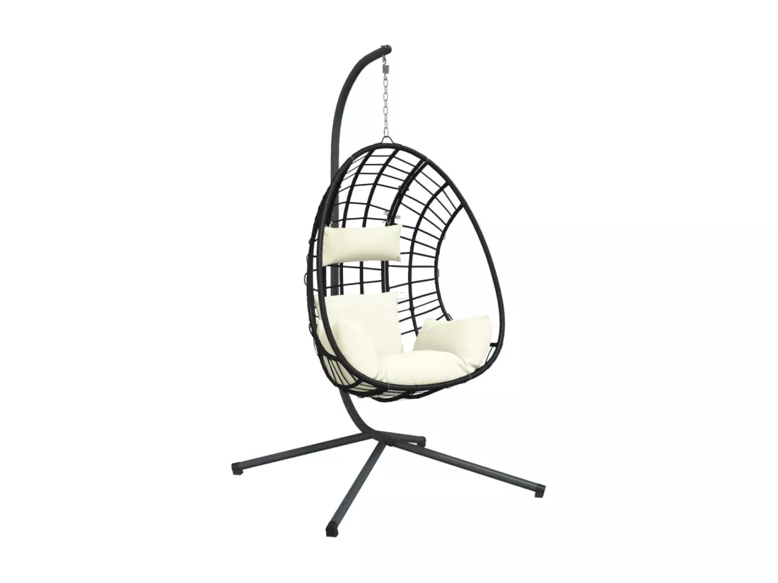 Chaise suspendue en forme d'œuf et support beige rotin et acier