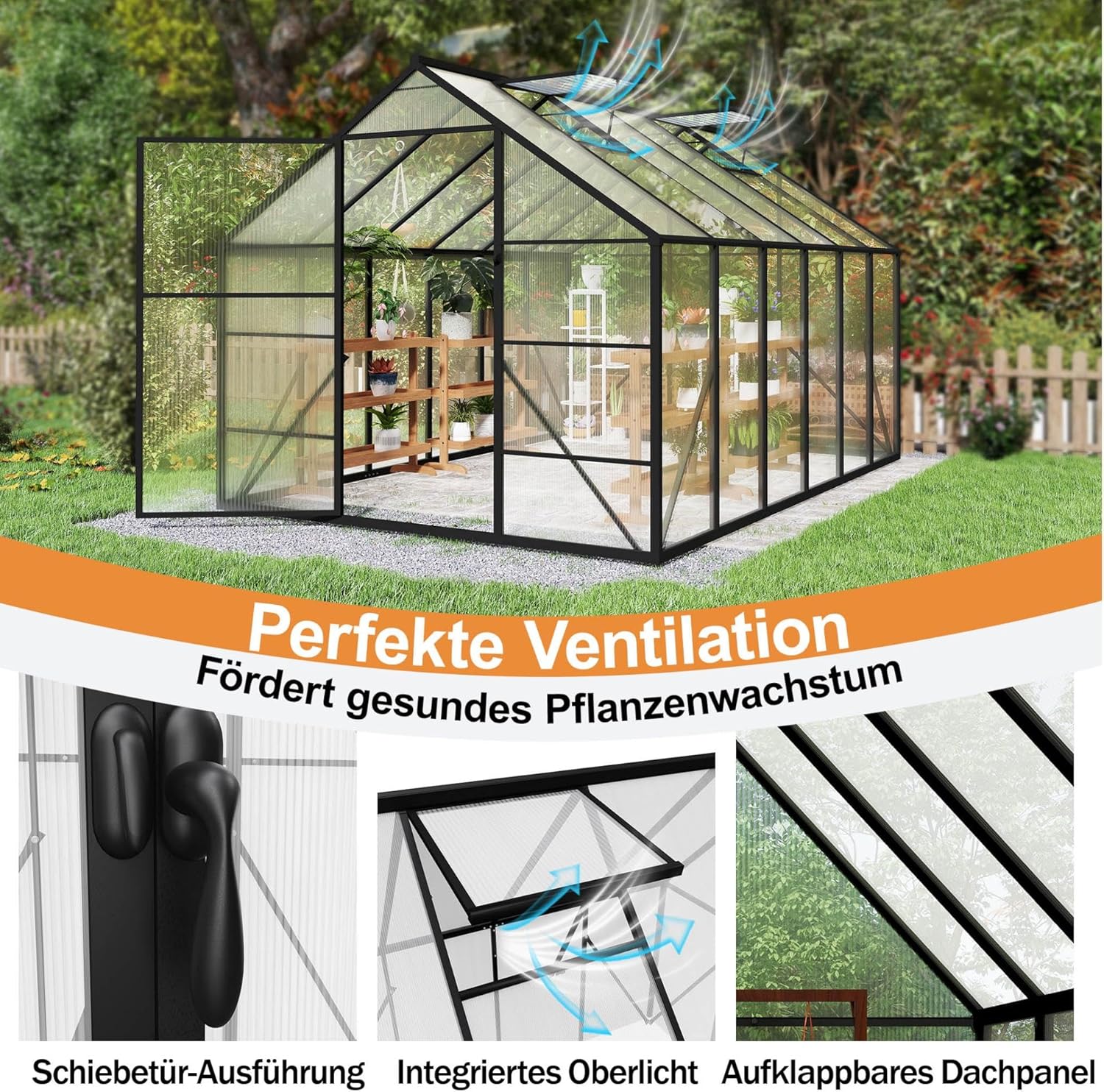 Gewächshaus Aluminium mit Fundament & Dachfenster Tomatenhaus wetterfest rostfrei Treibhaus Anzuchthaus temperaturbeständig Frühbeet Pflanzenhaus für Tomaten, Gemüse & Pflanzen - 380x250x205cm