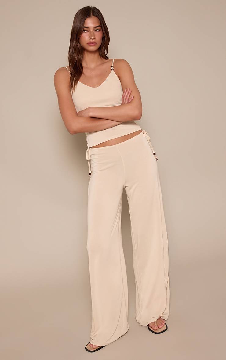 Crème Pantalon Fluide Modal À Liens Latéraux Ornés De Perles