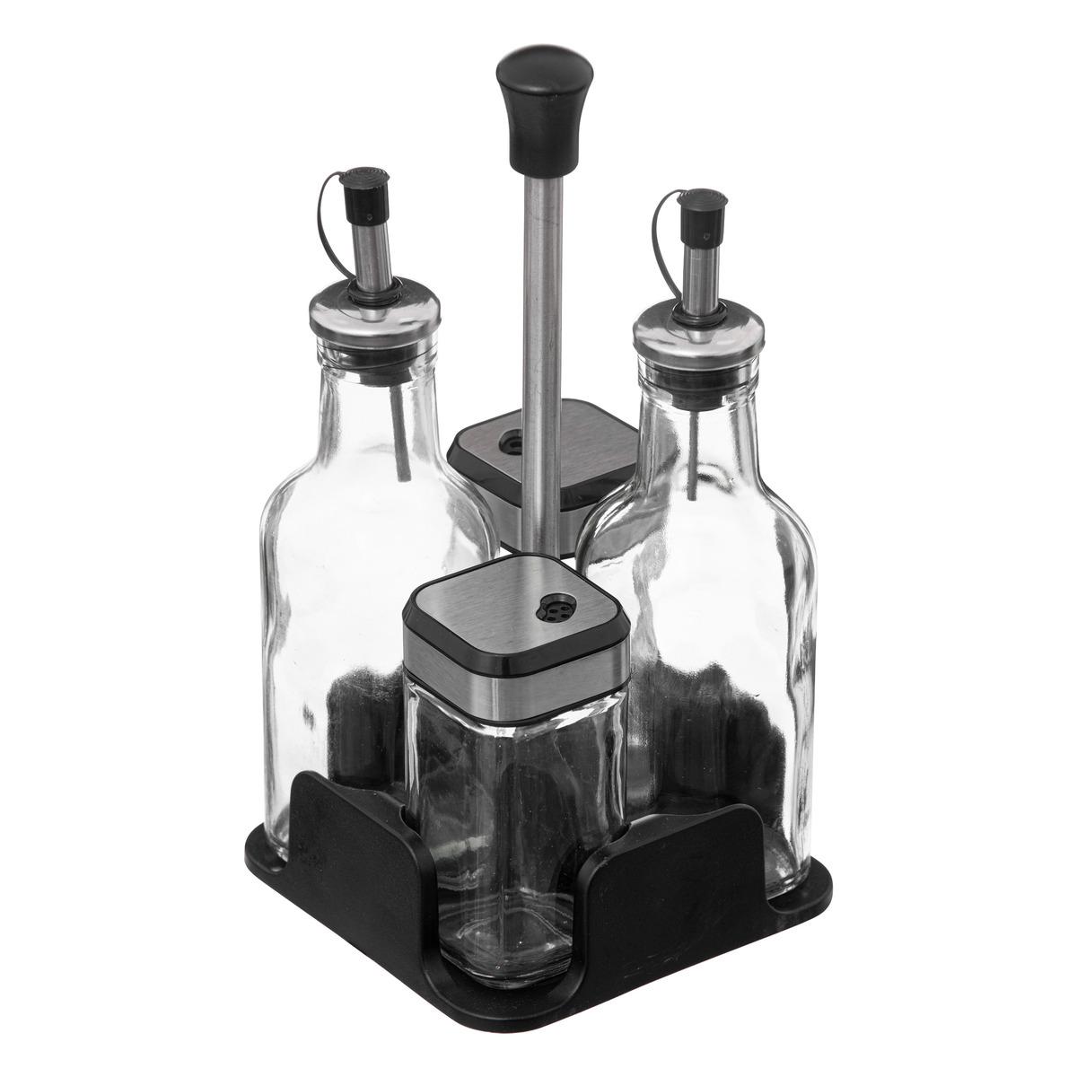 SET BOUTEILLE HUILE VINAIGRE SEL POIVRE VERRE AVEC SUPPORT