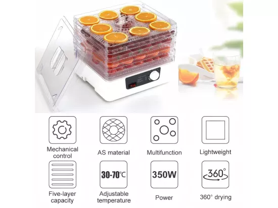 Déshydrateur à aliments 5 plateaux, 30-70°C, séchoir alimentaire 350 W, pour sécher toutes sortes de légumes, fruits - 32x32x26.5 cm