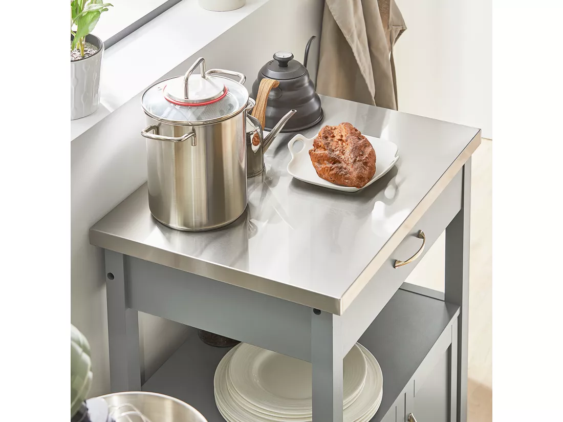 Desserte De Cuisine Roulante, Meuble De Rangement À Roulettes Plateau En Acier Inox, Fkw22-hg