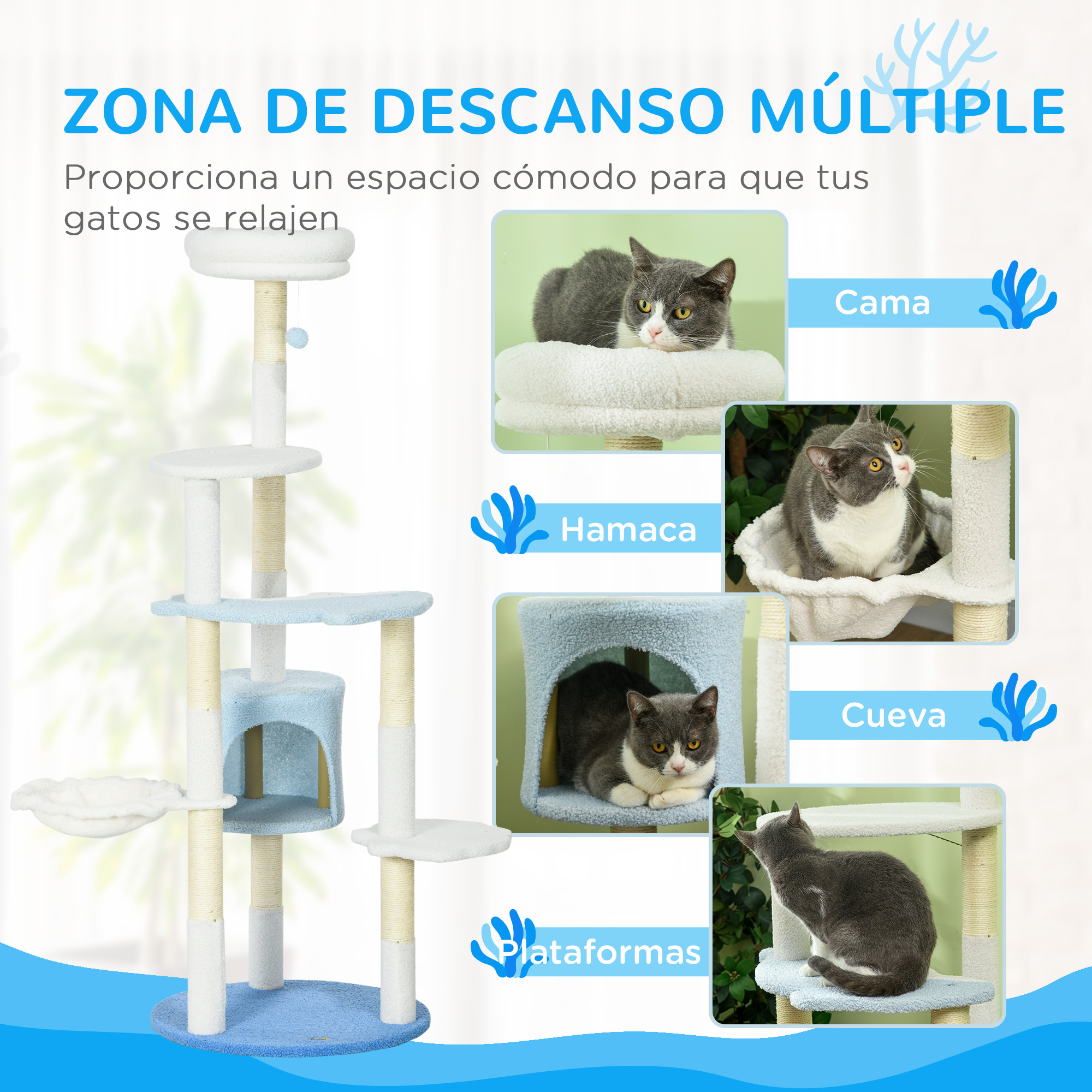 Árvore arranhadora grande PawHut de 155 cm para gatos, torre para gatos de interior com postes de sisal, cama em forma de caverna, rede e bola de brinquedo, Ø54,5 x 155 cm, branca e azul.
