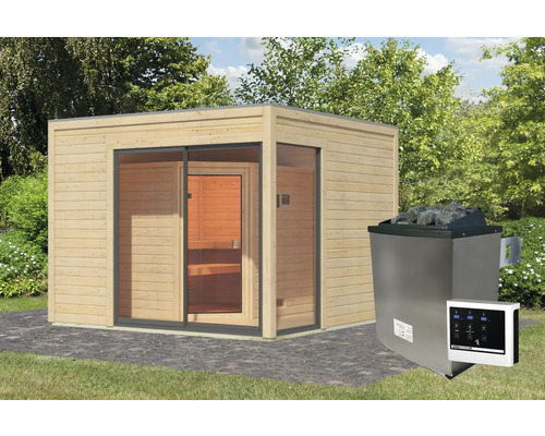 Saunacabine Karibu Termingo 1 B met 9 kW kachel en externe regeleenheid, met voorruimte en geïsoleerde houten deur met dubbele beglazing.