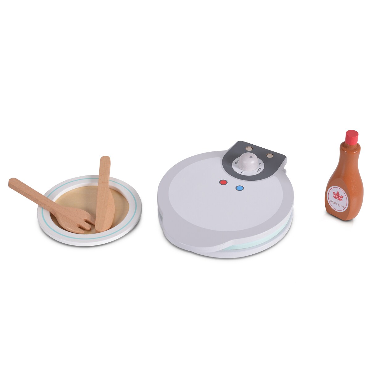 Moni Spielzeug Waffeleisen Holz 4334 Waffelstücke Holzmesser Gabel Teller Sirup bunt