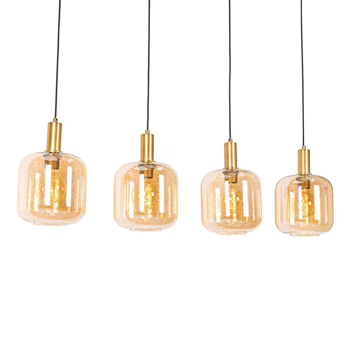 Design hanglamp zwart met messing en amber glas 4-lichts - Zuzanna