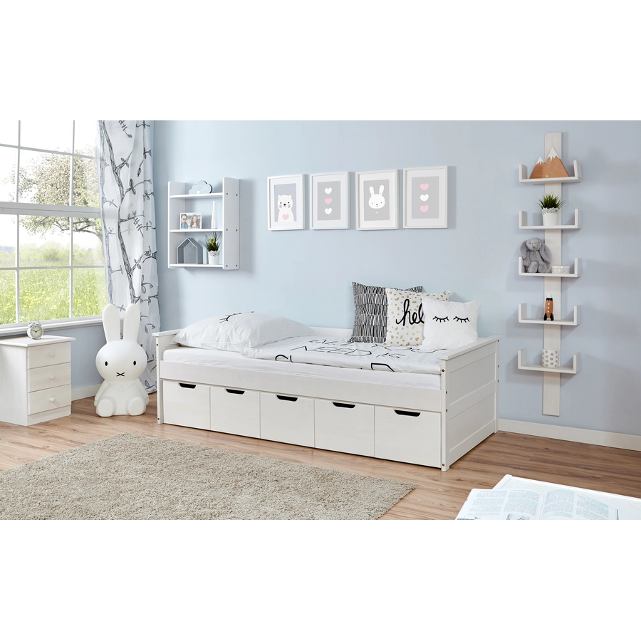 TiCAA Sofabett Theodor 90 x 200 cm Kiefer weiß mit 5 Schubladen