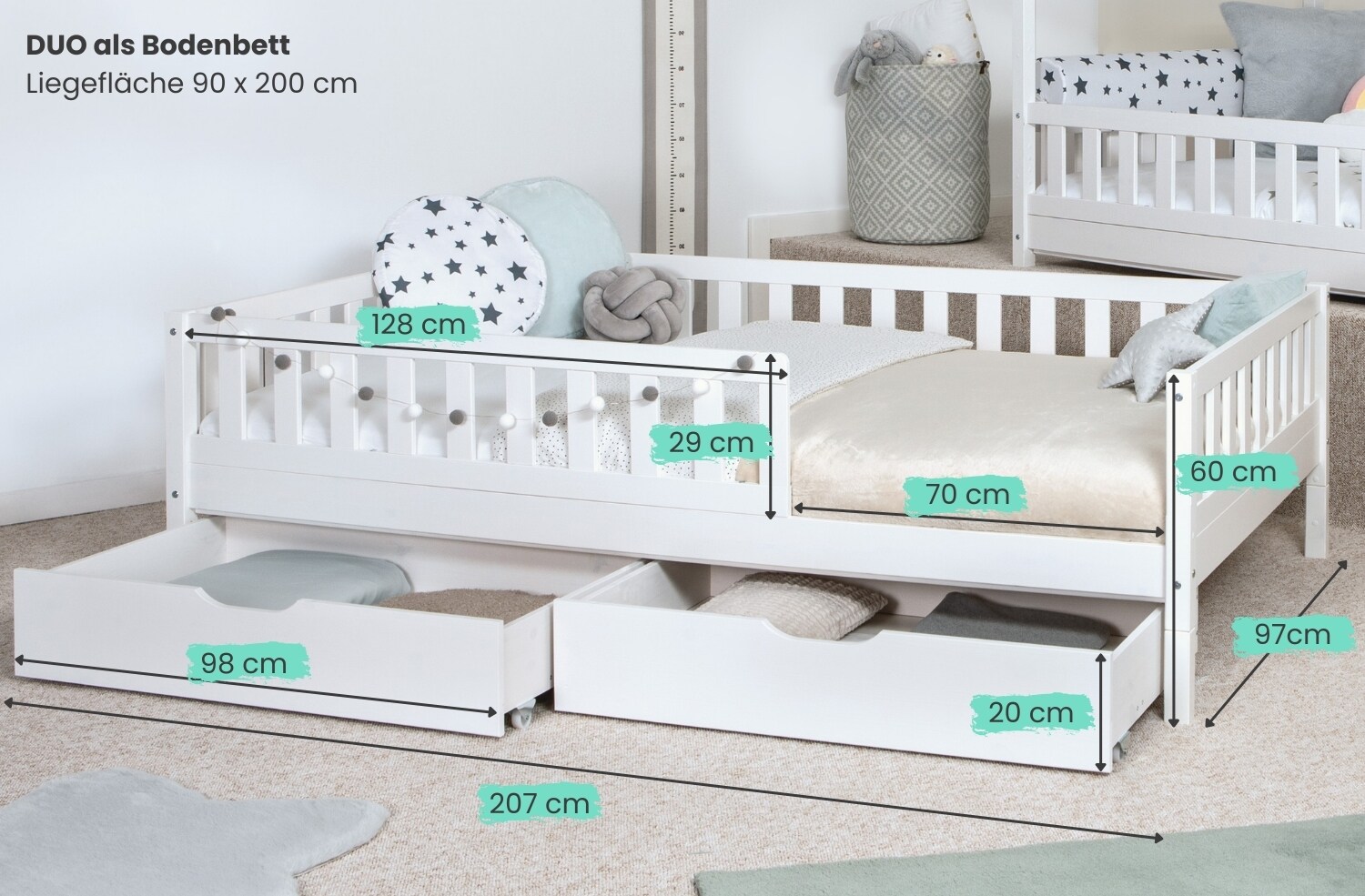 TiCAA 2 in 1 Hausbett Bodenbett wandelbar mit abnehmbaren Dach Duo 90x200, 100x200 cm, 120x200 cm, 140x200 Weiß für Jungen & Mädchen mit Schubladen, Rausfallschutz & Rolllattenrost – aus Kiefer Massivholz