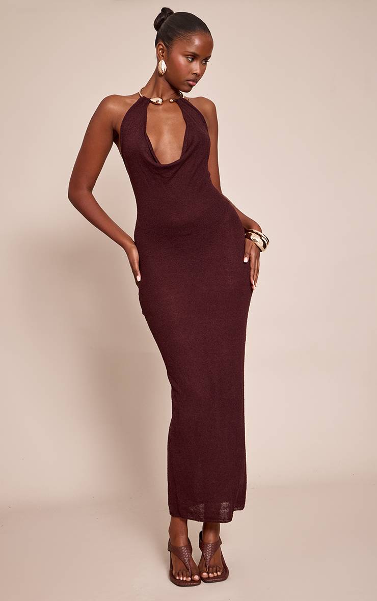 Chocolat Robe Maxi En Maille Avec Détail Manchette Dorée