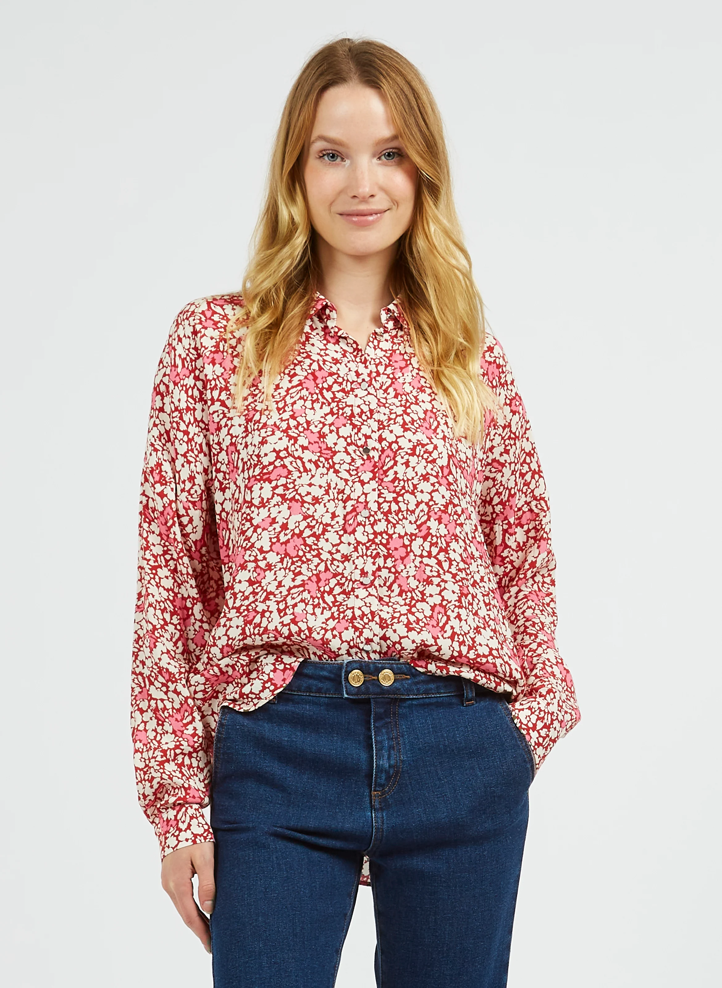 Chemise ample col classique à imprimé fleuri| Rouge