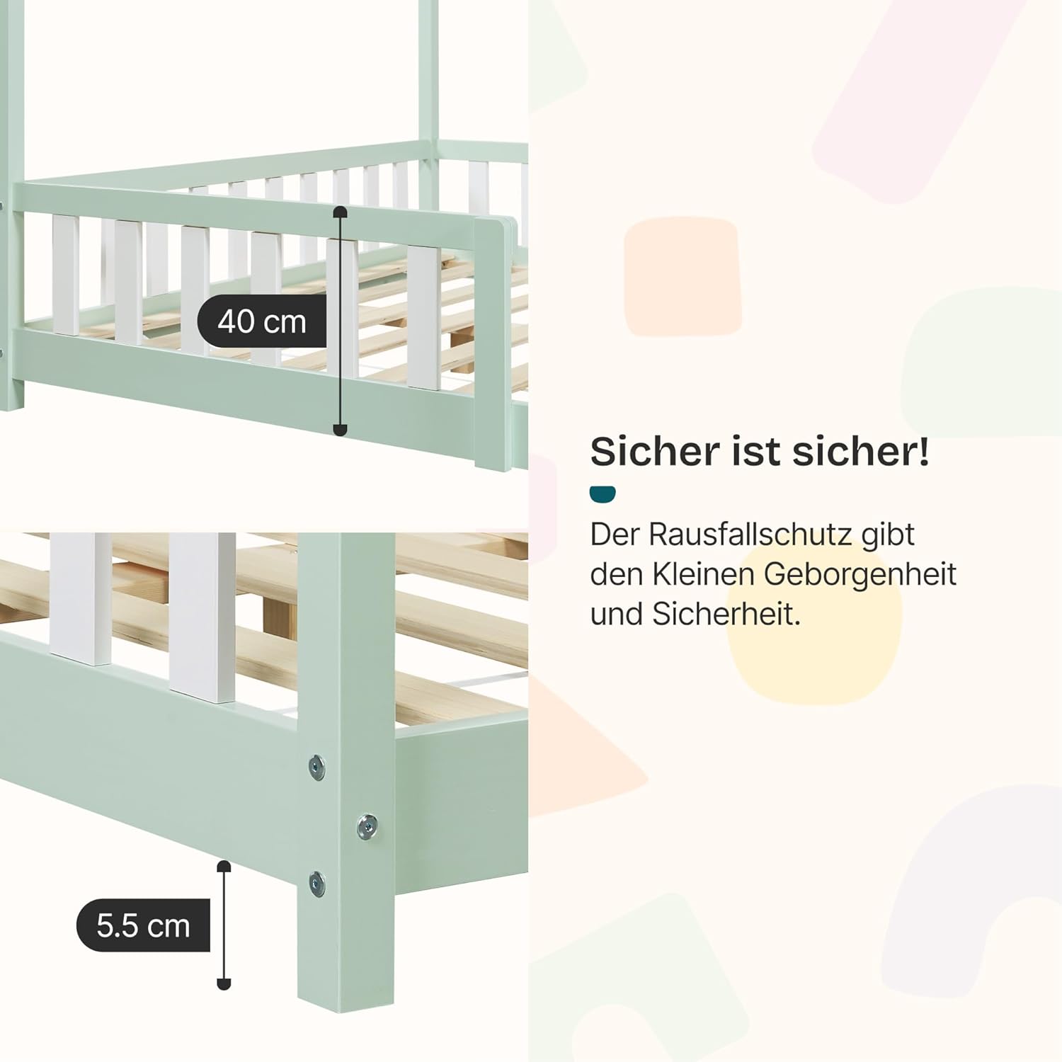 [en.casa] Kinderbett Hesel Hausbett Mintgrün 120 x 200 cm mit Rausfallschutz und Lattenrost Montessori Bodenbett Jugendbett Holzbett