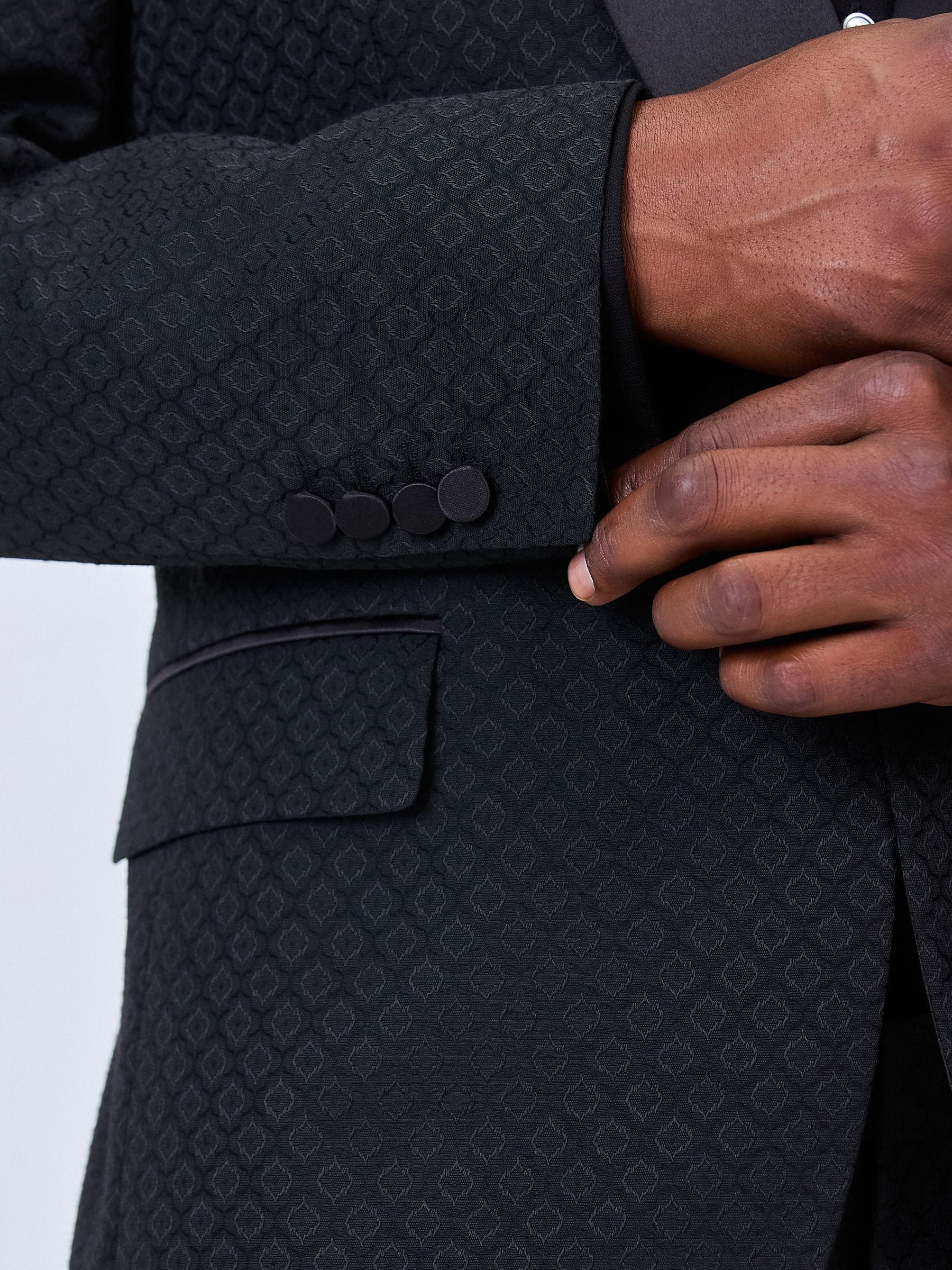 Zwart - Slim Fit Jacquard Tuxedo Suit Jacket