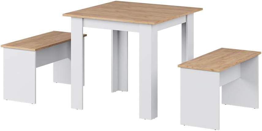 Vicco Esstisch Set Sentio, Weiß/Goldkraft Eiche, 80 x 80 cm mit 2 Bänken